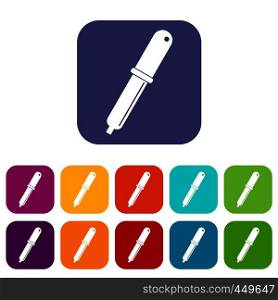 Color picker pipette icons set vector illustration in flat style In colors red, blue, green and other. Color picker pipette icons set flat