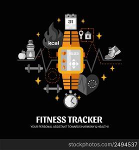 Color poster with black background depicting functions of smart watch fitness tracker vector illustration. Fitness Tracker Illustration