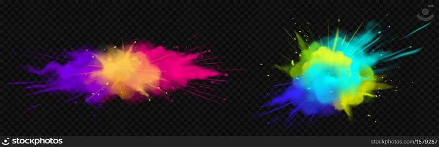 Color powder explosions isolated on transparent background. Splash of paint dust with particles. Vector realistic set of burst effect of colorful powder clouds. Vector realistic color powder explosion