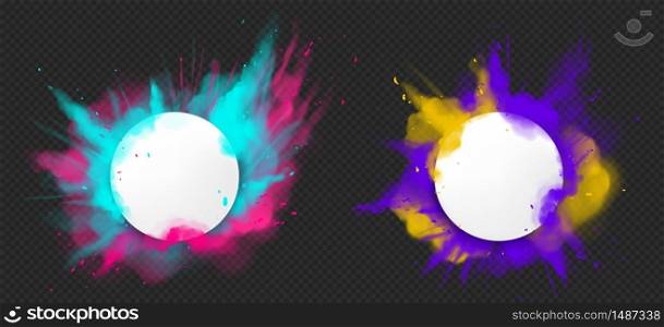 Color powder explosions. Splash of paint dust with white round banner. Vector realistic clouds of colorful powder, burst effect with copy space for text isolated on transparent background. Vector paint powder explotion with round banner