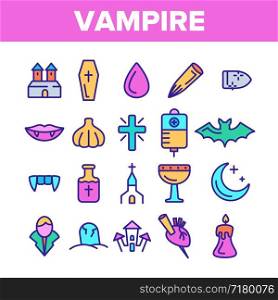 Color Protection From Vampire Vector Linear Icons Set. Weapons Vampire Hunter Outline Cliparts. Halloween Decoration Pictograms Collection. Garlic, Silver Bullets, Aspen Stake, Cross Illustration. Color Protection From Vampire Vector Linear Icons Set
