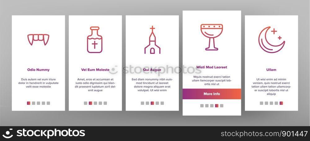 Color Protection From Vampire Vector Onboarding Mobile App Page Screen. Weapons Vampire Hunter. Halloween Decoration Pictograms Collection. Garlic, Silver Bullets, Aspen Stake, Cross Illustration. Color Protection From Vampire Vector Onboarding