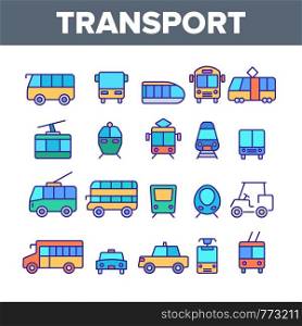 Color Public Transport And Vehicle Vector Linear Icons Set. Passenger Urban Transport Outline Symbols Pack. Bus, Taxi Cab, Trolley, Train Side And Front View Isolated Contour Illustrations. Color Public Transport And Vehicle Vector Linear Icons Set