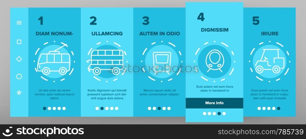 Color Public Transport And Vehicle Vector Onboarding Mobile App Page Screen. Passenger Urban Transport Outline Symbols Pack. Bus, Taxi Cab, Trolley, Train Side And Front View Illustrations. Color Public Transport And Vehicle Vector Onboarding
