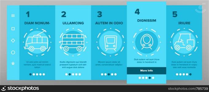 Color Public Transport And Vehicle Vector Onboarding Mobile App Page Screen. Passenger Urban Transport Outline Symbols Pack. Bus, Taxi Cab, Trolley, Train Side And Front View Illustrations. Color Public Transport And Vehicle Vector Onboarding