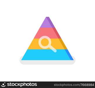 Color pyramid of needs with search sign vector isolated icon. Triangle with magnifier glass, blue, orange, pink and purple levels, section and segments. Color Pyramid of Needs with Search Sign Vector