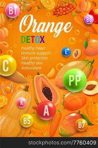 Color rainbow diet orange day nutrition and multivitamins. Healthy nutrition, dieting system or plan vertical vector poster with health benefits and natural orange fruits, ripe vegetables and berries. Color rainbow diet orange day food