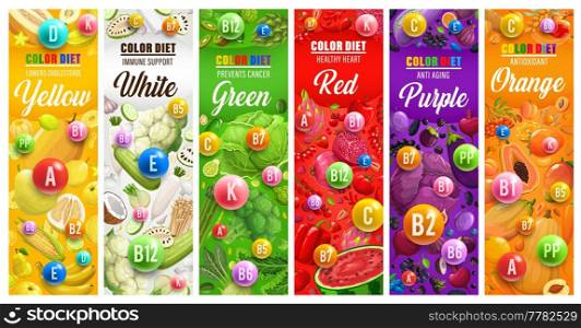 Color rainbow diet vector banners. Vitamins, fruits and vegetables of organic nutrition plan, color diet food benefits. Orange, grapefruit, green herbs and mango, tomato, beans, kale and banana. Color rainbow diet banners, vitamin, fruit, veggie
