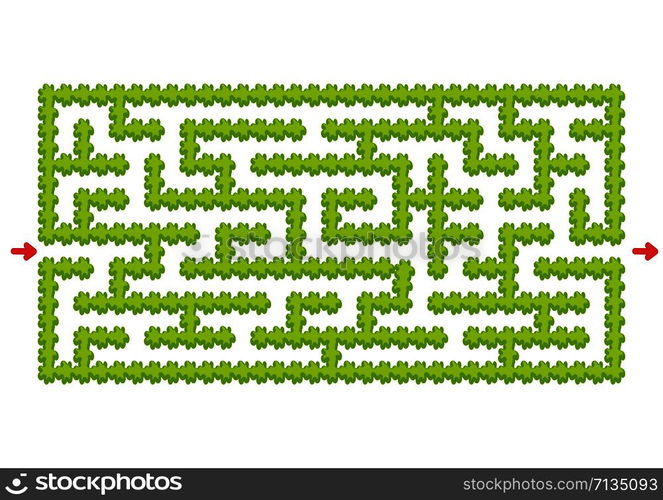 Color rectangular maze. Green garden in cartoon style. Game for kids. Puzzle for children. Labyrinth conundrum. Flat vector illustration isolated on white background.