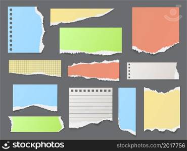 Color ripped paper strips. Realistic torn pieces of notepad pages, different layering of empty blank sheets, ragged shreds, uneven edges. Memo notes fragments vector isolated on gray background set. Color ripped paper strips. Realistic torn pieces of notepad pages, different layering of empty blank sheets, ragged shreds, uneven edges. Memo notes fragments vector isolated set