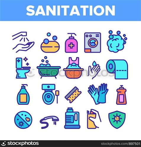 Color Sanitation Elements Icons Set Vector Thin Line. Washing Hand And Clean, Soap Protection And Bacteria Hygiene And Sanitation Linear Pictograms. Illustrations. Color Sanitation Elements Icons Set Vector