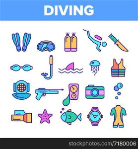 Color Scuba Diving Equipment Vector Linear Icons Set. Summer Vacation, Diving Water Sport Outline Cliparts. Active Sea Holiday Pictograms Collection. Extreme Activity, Snorkeling Illustration. Color Scuba Diving Equipment Vector Linear Icons Set