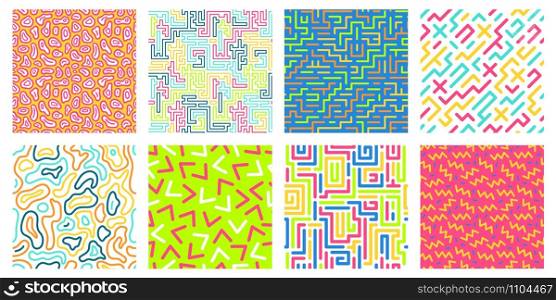 Color seamless geometric pattern. Colorful maze pattern, memphis style texture and 80s fashion design patterns. Pop 90s abstract colorful retro posters. Isolated vector icons set. Color seamless geometric pattern. Colorful maze pattern, memphis style texture and 80s fashion design patterns vector set