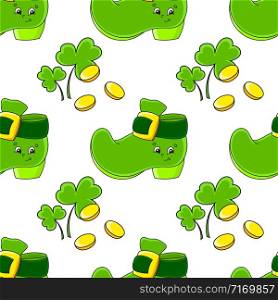 Color seamless pattern. Leprechaun boot. St. Patrick &rsquo;s Day. Cartoon style. Hand drawn. Vector illustration isolated on white background.