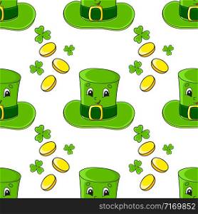 Color seamless pattern. Leprechaun hat. St. Patrick &rsquo;s Day. Cartoon style. Hand drawn. Vector illustration isolated on white background.