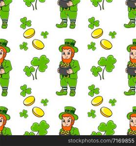 Color seamless pattern. Leprechaun with a pot of gold. St. Patrick &rsquo;s Day. Cartoon style. Hand drawn. Vector illustration isolated on white background.