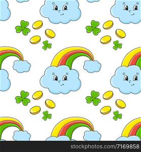 Color seamless pattern. Magic rainbow. St. Patrick &rsquo;s Day. Cartoon style. Hand drawn. Vector illustration isolated on white background.