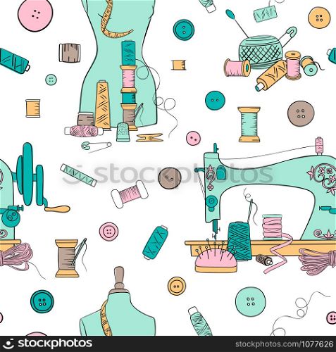Color seamless pattern set template. Objects for sewing, handicraft.kit and equipment, needle, sewing machine, pin, yarn. vector set. For decoration, template, logo, tags projects tailor shop. Color seamless pattern set template. Objects for sewing, handicraft.kit and equipment, needle, sewing machine