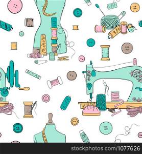 Color seamless pattern set template. Objects for sewing, handicraft.kit and equipment, needle, sewing machine, pin, yarn. vector set. For decoration, template, logo, tags projects tailor shop. Color seamless pattern set template. Objects for sewing, handicraft.kit and equipment, needle, sewing machine