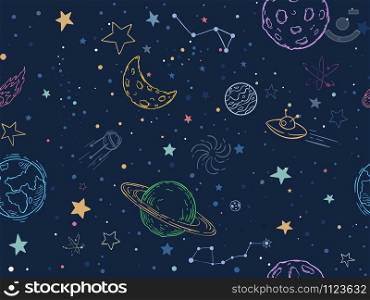 Color seamless space pattern. Hand drawn planets, cosmic galaxy texture and doodle moon vector illustration. Universe exploration, cosmos symbols texture. Colorful wallpaper, cosmic textile design. Color seamless space pattern. Hand drawn planets, cosmic galaxy texture and doodle moon vector illustration. Universe exploration, cosmos symbols decorative texture. Colorful wallpaper, textile design