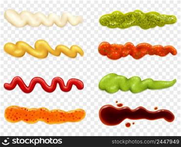 Color set icons depicting strips of different sauce vector illustration. Collection Sauces Icons