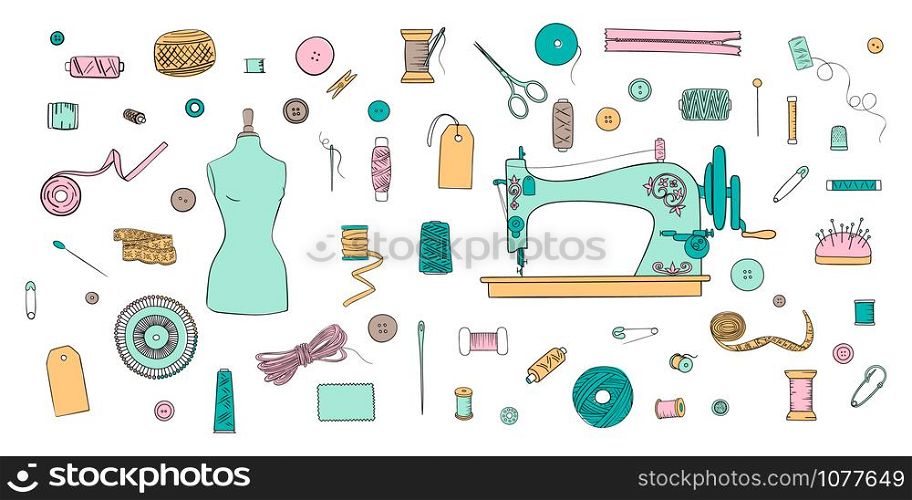 Color set of objects for sewing, handicraft. Sewing tools and sewing kit and equipment, needle, sewing machine, pin, yarn. vector set. For decoration, template, logo, tags projects, tailor shop. Color set of objects for sewing, handicraft. Sewing tools and sewing kit and equipment, needle, sewing machine, sewing pin, yarn. vector set.