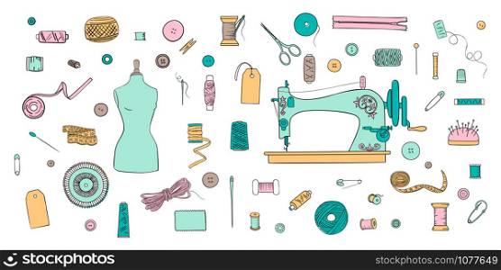 Color set of objects for sewing, handicraft. Sewing tools and sewing kit and equipment, needle, sewing machine, pin, yarn. vector set. For decoration, template, logo, tags projects, tailor shop. Color set of objects for sewing, handicraft. Sewing tools and sewing kit and equipment, needle, sewing machine, sewing pin, yarn. vector set.