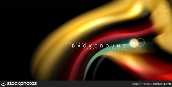 Color shiny light effects on black, liquid style multicolored wavy shape. Color shiny light effects on black, liquid style multicolored wavy shape. Artistic illustration for presentation, app wallpaper, banner or poster, geometric design