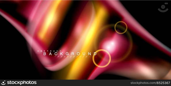 Color shiny light effects on black, liquid style multicolored wavy shape. Color shiny light effects on black, liquid style multicolored wavy shape. Artistic illustration for presentation, app wallpaper, banner or poster, geometric design