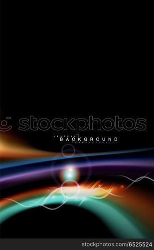 Color shiny light effects on black, liquid style multicolored wavy shape. Color shiny light effects on black, liquid style multicolored wavy shape. Artistic illustration for presentation, app wallpaper, banner or poster, geometric design