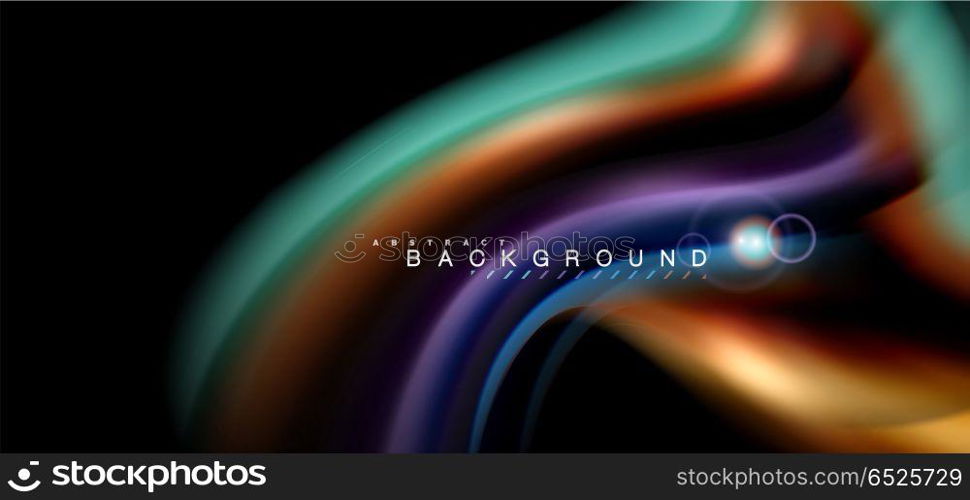 Color shiny light effects on black, liquid style multicolored wavy shape. Color shiny light effects on black, liquid style multicolored wavy shape. Artistic illustration for presentation, app wallpaper, banner or poster, geometric design