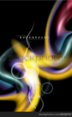 Color shiny light effects on black, liquid style multicolored wavy shape. Color shiny light effects on black, liquid style multicolored wavy shape. Artistic illustration for presentation, app wallpaper, banner or poster, geometric design