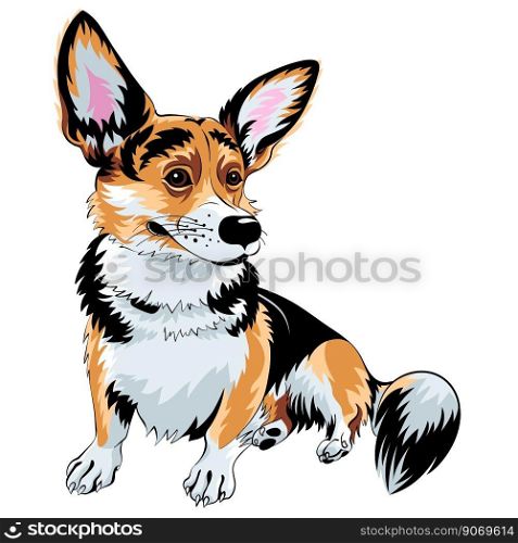 color sketch of dog Pembroke Welsh corgi breed sitting and smiling. color sketch dog Pembroke Welsh corgi