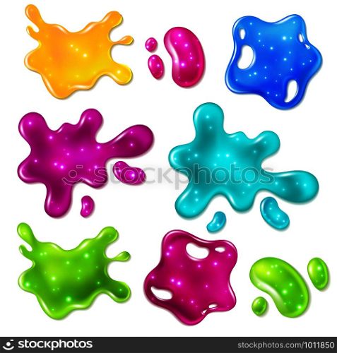 Color slimes. Glossy goo yellow, purple, green and blue slime blots. Girly dripping toys vector isolated halloween texture bright objects set. Color slimes. Glossy goo yellow, purple, green and blue slime blots. Girly dripping toys vector isolated set