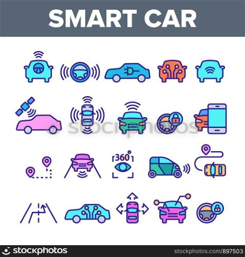 Color Smart Car Elements Icons Set Vector Thin Line. Intelligence Control And Security, Network Navigation And Autopilot Smart Car Devices Linear Pictograms. Illustrations. Color Smart Car Elements Icons Set Vector