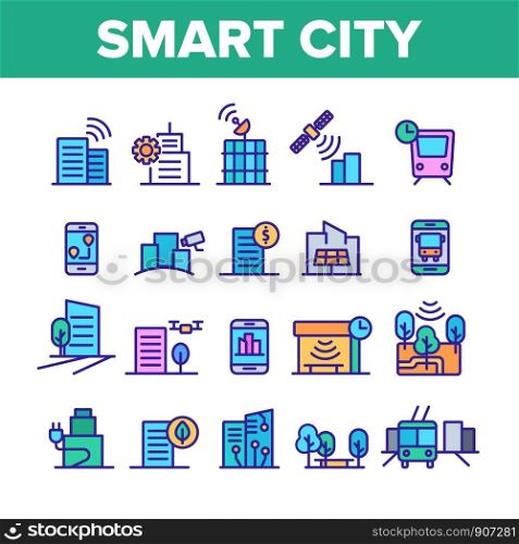 Color Smart City Elements Icons Set Vector Thin Line. Intelligence Town Control And Security, Smart Navigation And Direction on Smartphone Linear Pictograms. Illustrations. Color Smart City Elements Icons Set Vector