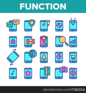 Color Smartphone App Function Vector Linear Icons Set. Digital Technology, Device Function Outline Cliparts. Mobile Applications Pictograms Collection. Phone Services And Options Illustration. Color Smartphone App Function Vector Linear Icons Set