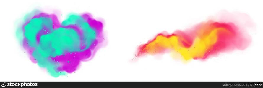 Color smoke flow and paint powder explosion in shape of heart isolated on transparent background. Vector realistic set of colorful splashes, dust clouds and ink spray. Color smoke flow and paint powder explosion