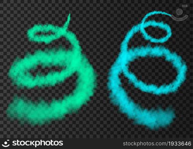Color smoke from space rocket launch. Green, blue foggy plane spiral trail isolated on transparent background. Fog. Realistic vector texture.