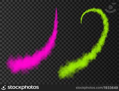 Color smoke from space rocket launch. Green, pink foggy plane trail isolated on transparent background. Fog. Realistic vector texture.