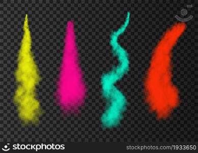 Color smoke from space rocket launch. Green, pink, red, yellow foggy plane trail isolated on transparent background. Fog. Realistic vector texture.