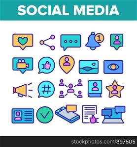 Color Social Media Elements Icons Set Vector Thin Line. Internet Social Chat And Message In Smartphone, Web Site Details Like And Bell Mark Linear Pictograms. Illustrations. Color Social Media Elements Icons Set Vector