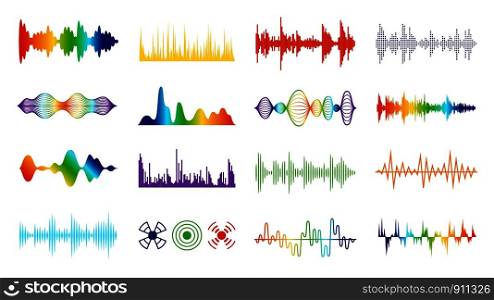 Color sound waves. Audio digital melody wave tracking meter on white background in equalizer symbol vector studio equipment radio frequency line set. Color sound waves. Audio digital melody wave tracking meter on white background in equalizer symbol vector set
