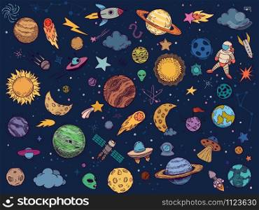 Color space doodle. Astrology planets, colorful space and hand drawn rocket vector illustration set. Cartoon style cosmic stickers pack. Celestial bodies, astronaut, spacecrafts, stars and UFO. Color space doodle. Astrology planets, colorful space and hand drawn rocket vector illustration set. Cartoon style cosmic stickers pack. Celestial bodies, astronaut, spacecrafts and aliens