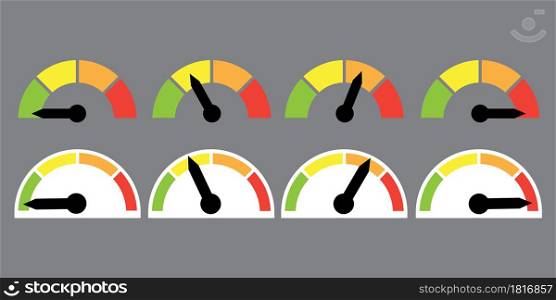 Color speedometer icons set. Progress performance chart. Scale meter. Infographic design. Vector illustration. Stock image. EPS 10.. Color speedometer icons set. Progress performance chart. Scale meter. Infographic design. Vector illustration. Stock image.