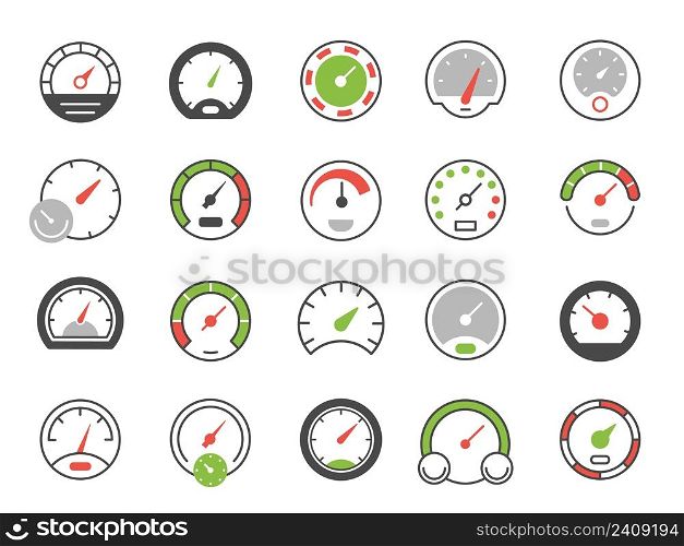 Color speedometer icons. Speed gauge symbol and download indicator. Vector isolated set. Vehicle dashboard scale, equipment for speed test. Display with arrow pointer for transport. Color speedometer icons. Speed gauge symbol and download indicator. Vector isolated set