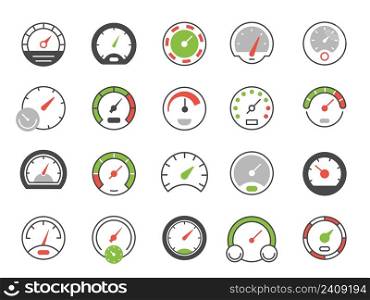 Color speedometer icons. Speed gauge symbol and download indicator. Vector isolated set. Vehicle dashboard scale, equipment for speed test. Display with arrow pointer for transport. Color speedometer icons. Speed gauge symbol and download indicator. Vector isolated set