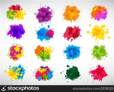 Color splashes. Abstract ink brushes shapes liquid colored templates splatters magenta yellow blue recent vector illustrations set for design projects. Paint brush ink, shape stain spot, splash grunge. Color splashes. Abstract ink brushes shapes liquid colored templates splatters magenta yellow blue recent vector illustrations set for design projects