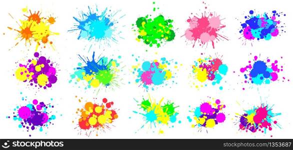 Color splatter. Colorful paint splash, bright painted drip drops and abstract colors splashes vector graphic set. Illustration drop splatter paint, stain splash dirty, colorful splat. Color splatter. Colorful paint splash, bright painted drip drops and abstract colors splashes vector graphic set