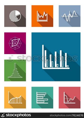 Color square flat icons with shadow for various types of diagrams as vertical and horizontal bars, pie and line chart, isolated on white background